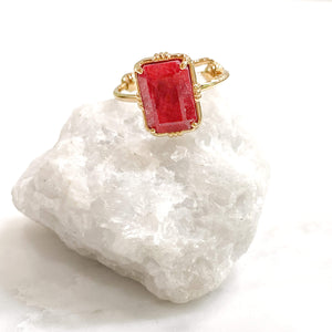 Bague pierre rectangle racine de rubis plaqué or ajustable