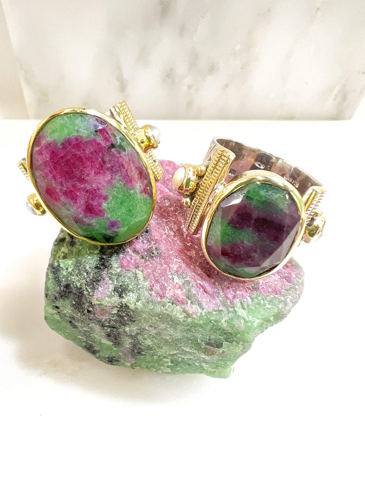 bague argent 925 pierre semies precieuses rubis zoisite bague verte et rose bague de caractere bijou createur idee cadeau made in france
